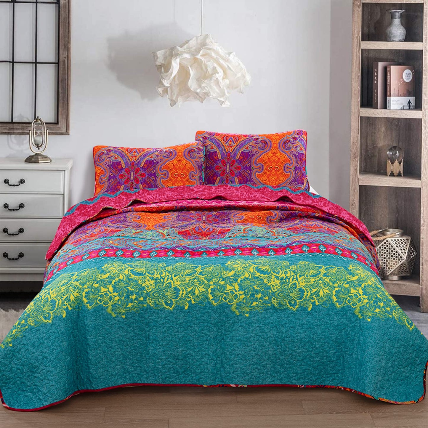 WONGS BEDDING Reversible Flower Bohemian Bedspread with 2 Pillowcases Colorful Floral Boho Pattern Bedspread Coverlet for All Season Soft Microfiber