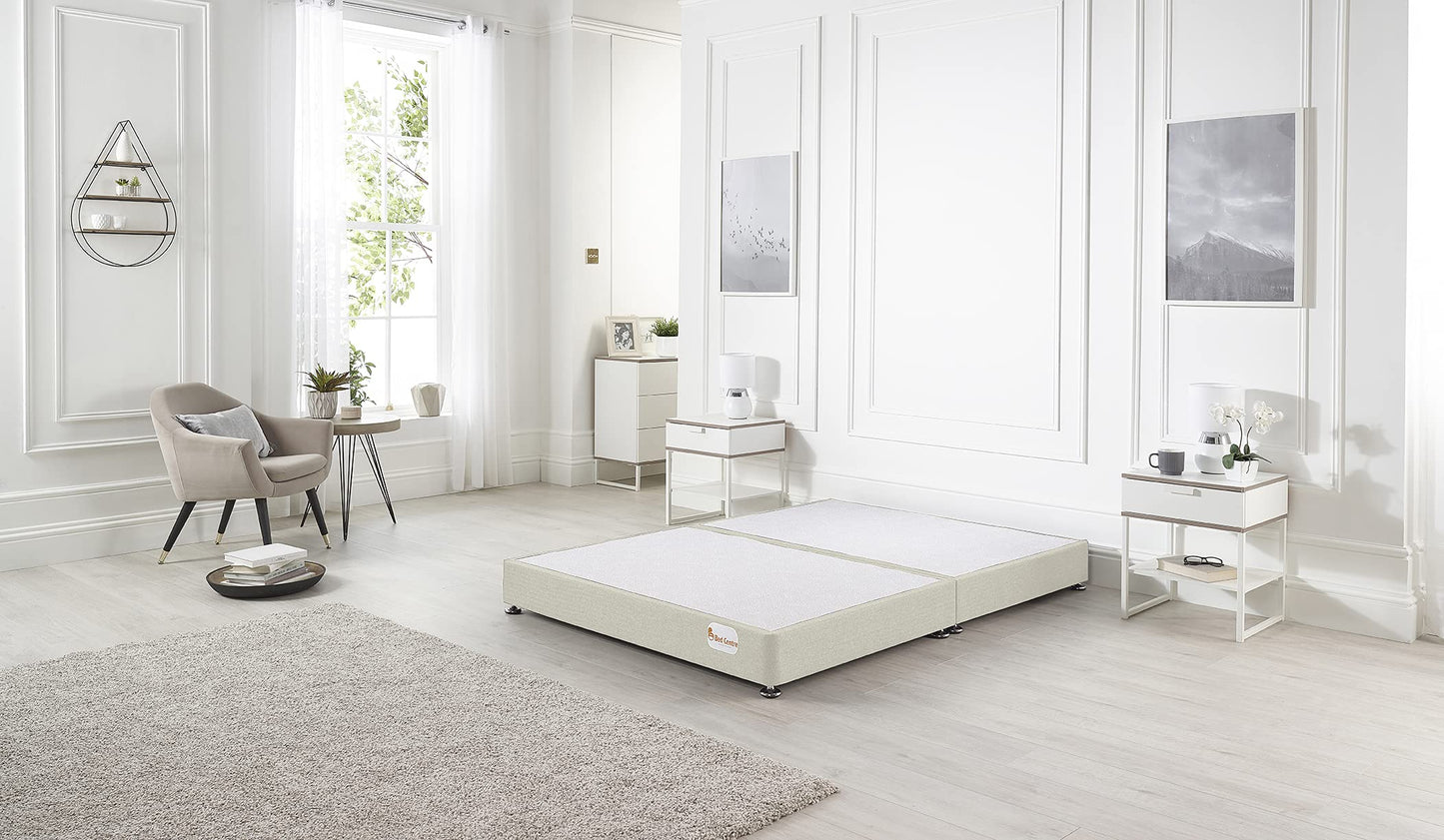 Bed Centre Platform Divan Bed Covered in Luxury Plush, Linen and Tweed Fabric (Ivory Plush, Double 135 x 190cm)