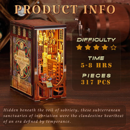 Book Nook Kit, DIY Miniature Dollhouse Booknook Kit, 3D Wooden Puzzle Bookend Bookshelf Insert Decor with LED Light for Teens and Adults (Roaring