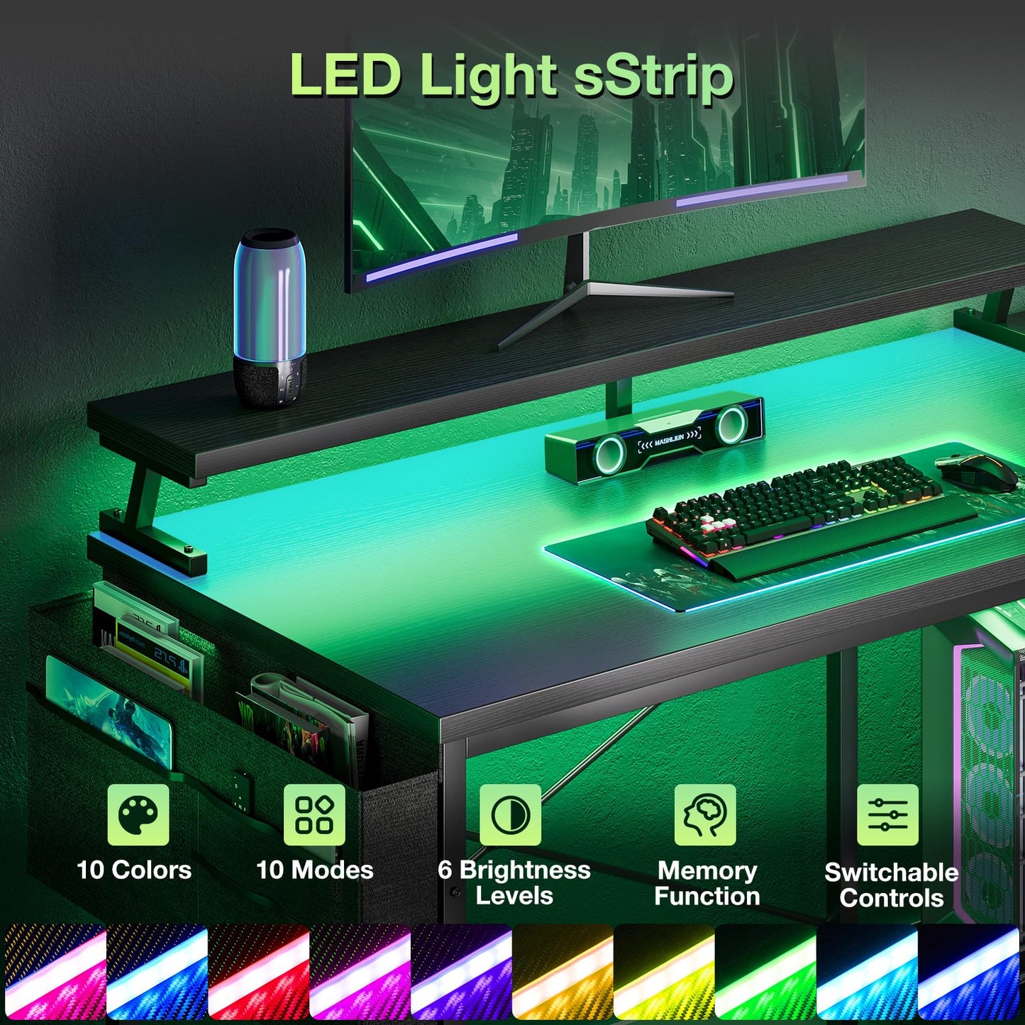 Coleshome L Shaped Gaming Desk with LED Lights & Power Outlet, 100x70 cm
