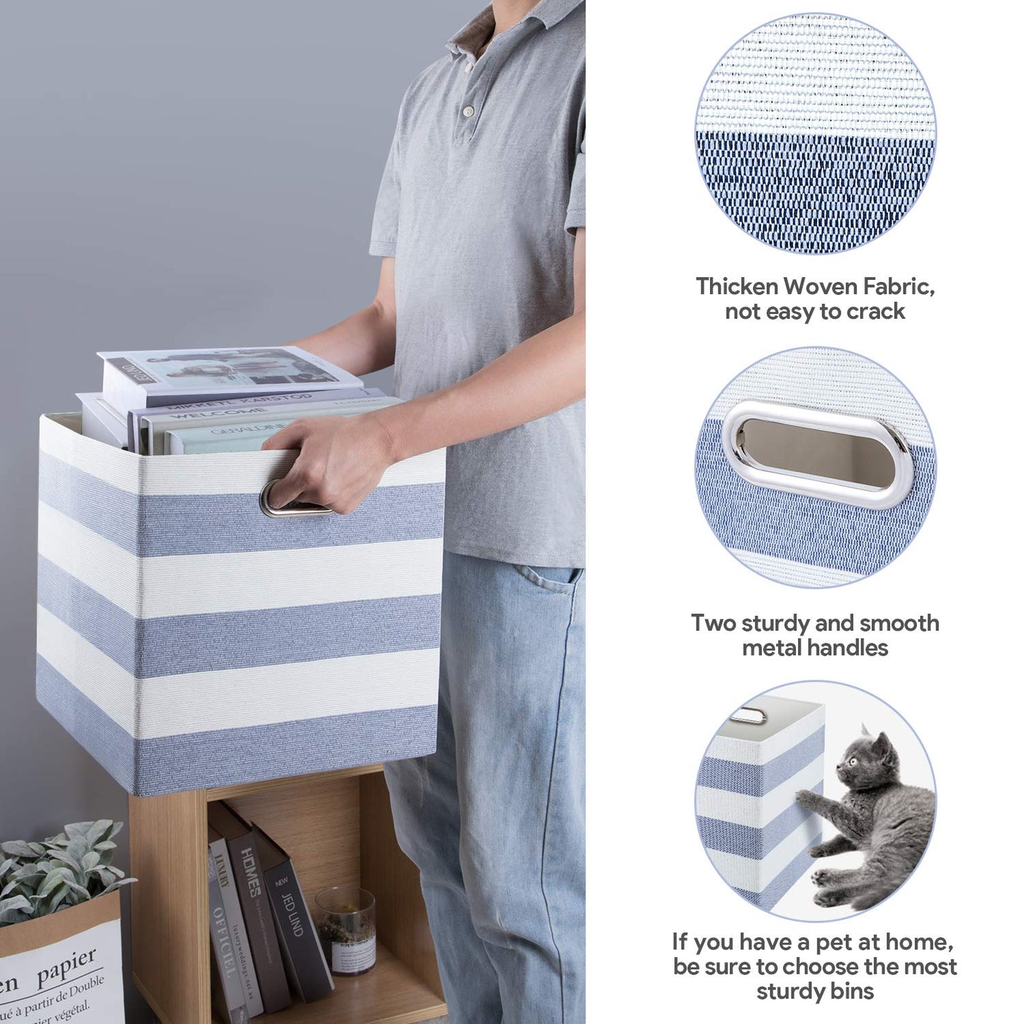 Posprica Storage Basket Bins,11×11 Collapsible Storage Cubes Fabric Drawers for Nurseries,Offices,Closets,Home Décor (Set of 4, Blue-White Striped)
