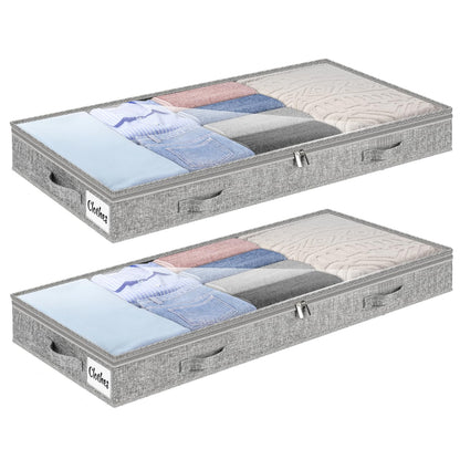 Underbed Storage Bags 2 Pack, 10cm Tall Large Under Bed Storage Box with zip, Foldable Shallow Wardrobe Storage Organiser with Clear Window &