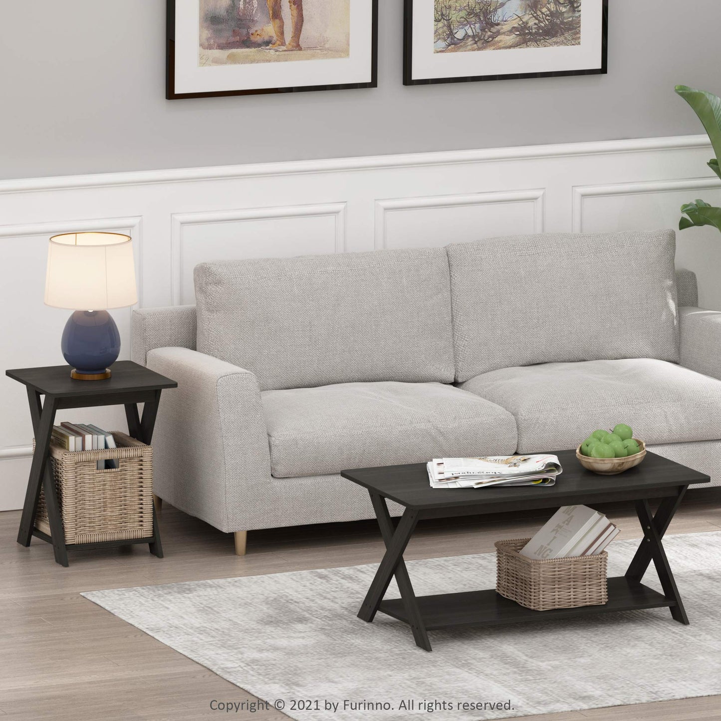Furinno MODERN SIMPLISTIC Side Table Set of 2, End Table with X-Legs, Criss-Crossed Night Stand, Bedside Table with Open Shelf, for Living Room