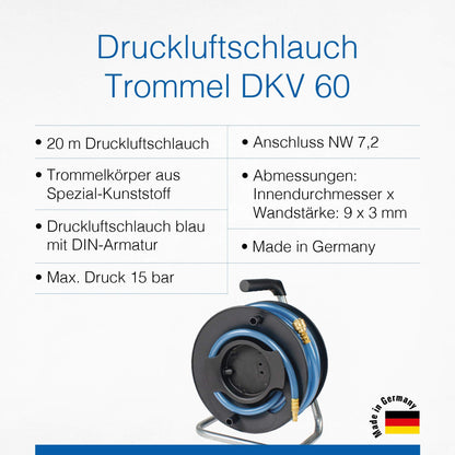 As Schwabe DKV60 12622 Compressed Air Hose Drum with 20 m x 9 x 3 mm Hose NW 7.2
