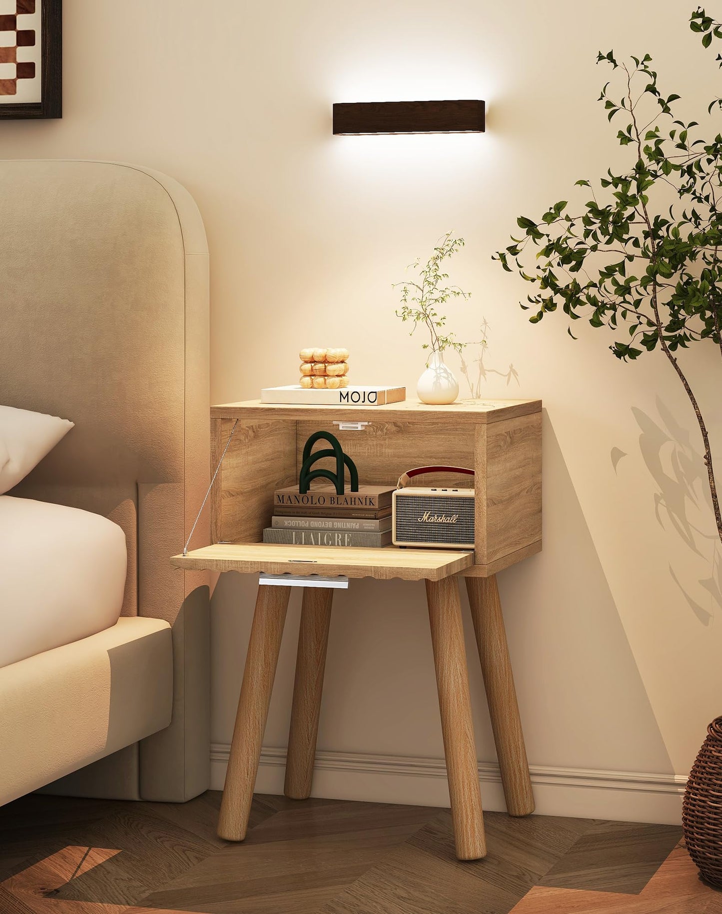YMYNY Fluted Nightstand Set of 2, Small End Table, Modern Coffee Table with Drawer, Solid Wood Legs, Retaining Chain, 35x27x53cm