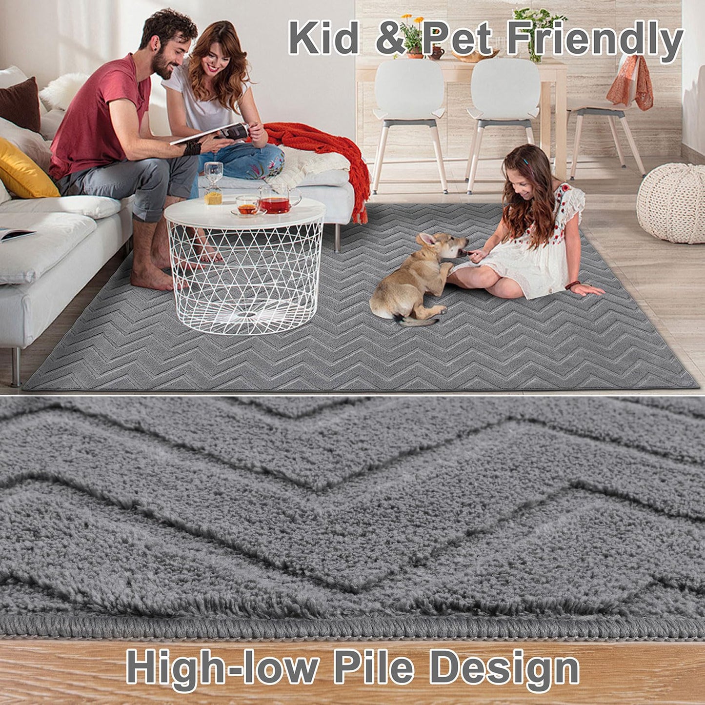 SHACOS Rugs Living Room 120 x 160 cm Modern Grey Area Rug Ultra Soft Fluffy Rug for Living Room Bedroom Non-Slip Washable Rug Geometric Design Floor