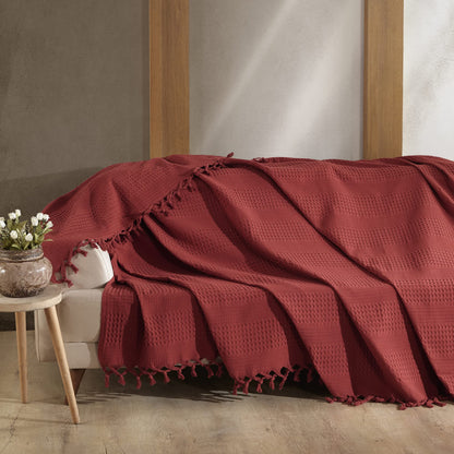 Milam London Burgundy Throw Blanket | Cotton Waffle Bedspreads King Size | Sofa Throws Large 3 Seater | Bed Throw King Size | Burgundy Blanket For Bed