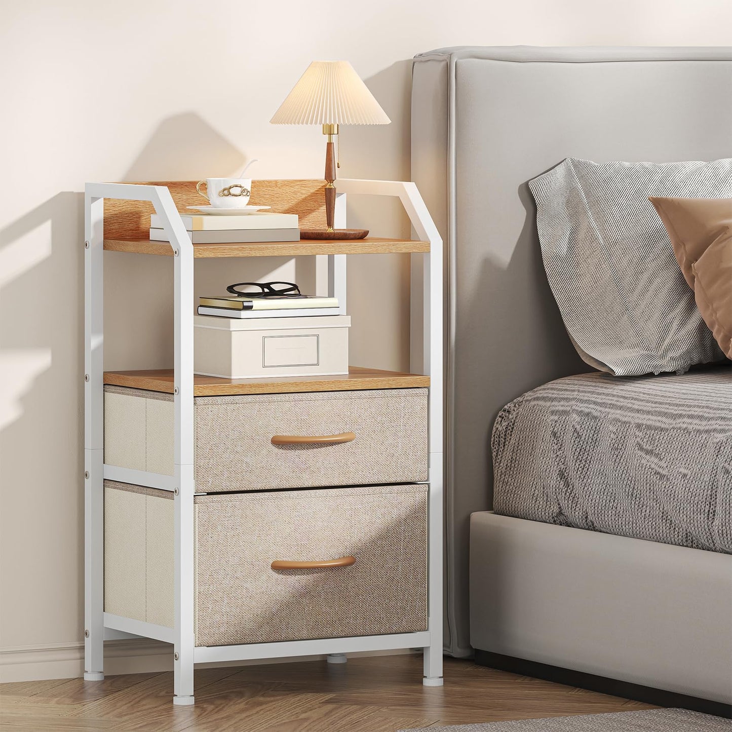 Feonase Bedside Table with 2 Fabric Drawers & Open Shelf - Sturdy Metal Frame Nightstand, Compact End Table for Bedroom, Living Room, Small Spaces