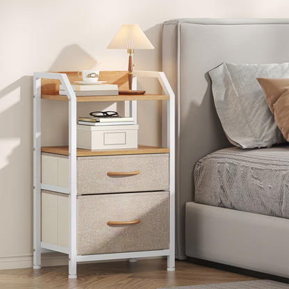 Feonase Bedside Table with 2 Fabric Drawers & Open Shelf - Sturdy Metal Frame Nightstand, Compact End Table for Bedroom, Living Room, Small Spaces