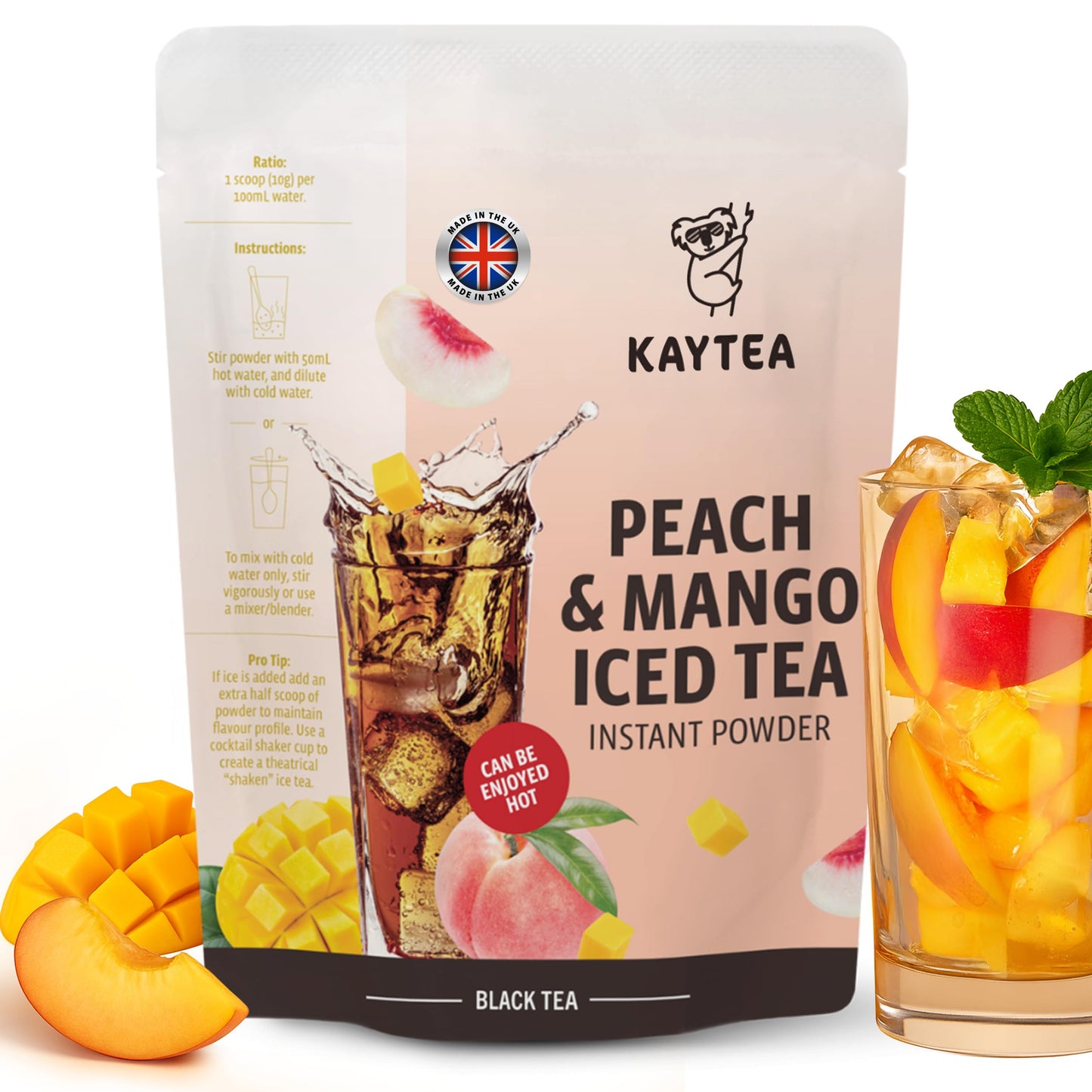KAYTEA Ice Tea Powder, Mango & Peach Iced Tea Cold Brew or Hot (1KG = 33 Servings) | Natural Fruit | Instant Mix | No Artificial Ingredients | Light