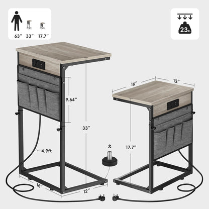 Vagusicc C-Shaped Side Table with Charging Station, Height Adjustable Sofa Side Table, Bedside Table, End Table for Small Spaces
