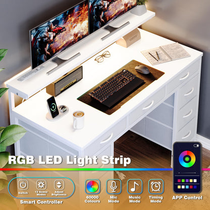Flrrtenv Computer Desk with 9 Drawers & LED Light, 120 x 50 cm Home Office Desk with Storage & Power Outlets USB Type-C