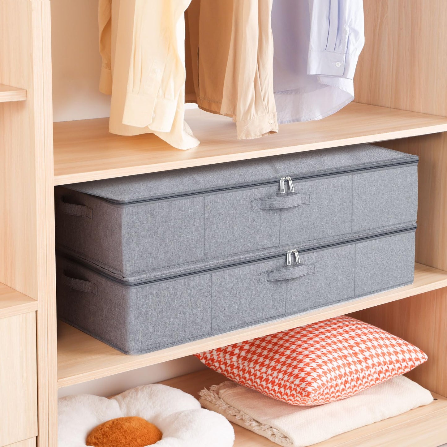YheenLf Under Bed Storage Box with Lid, Foldable Wardrobe Organiser with Reinforced Handles for Blanket, Sheets, Clothing, Shoes, Grey, 3-Pack,