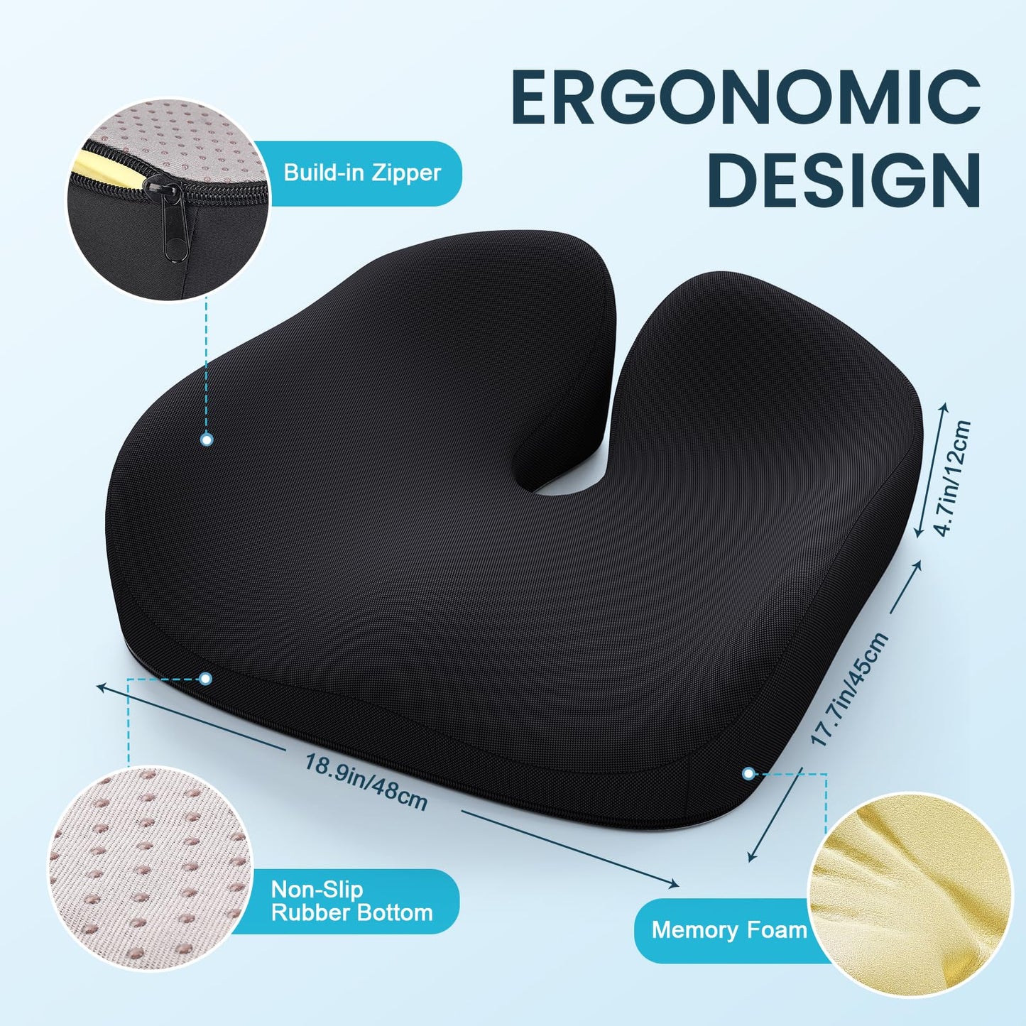Benazcap Memory Foam Seat Cushion, Ergonomic Chair Cushion for Comfortable Sitting and Back Support, Perfect for Home and Office Chairs