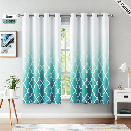 Beauoop Blackout Curtains for Bedroom Teal Ombre Curtains 54 Inch Drop Geometric Print Eyelet Curtain for Living Room Darkening Thermal Insulated