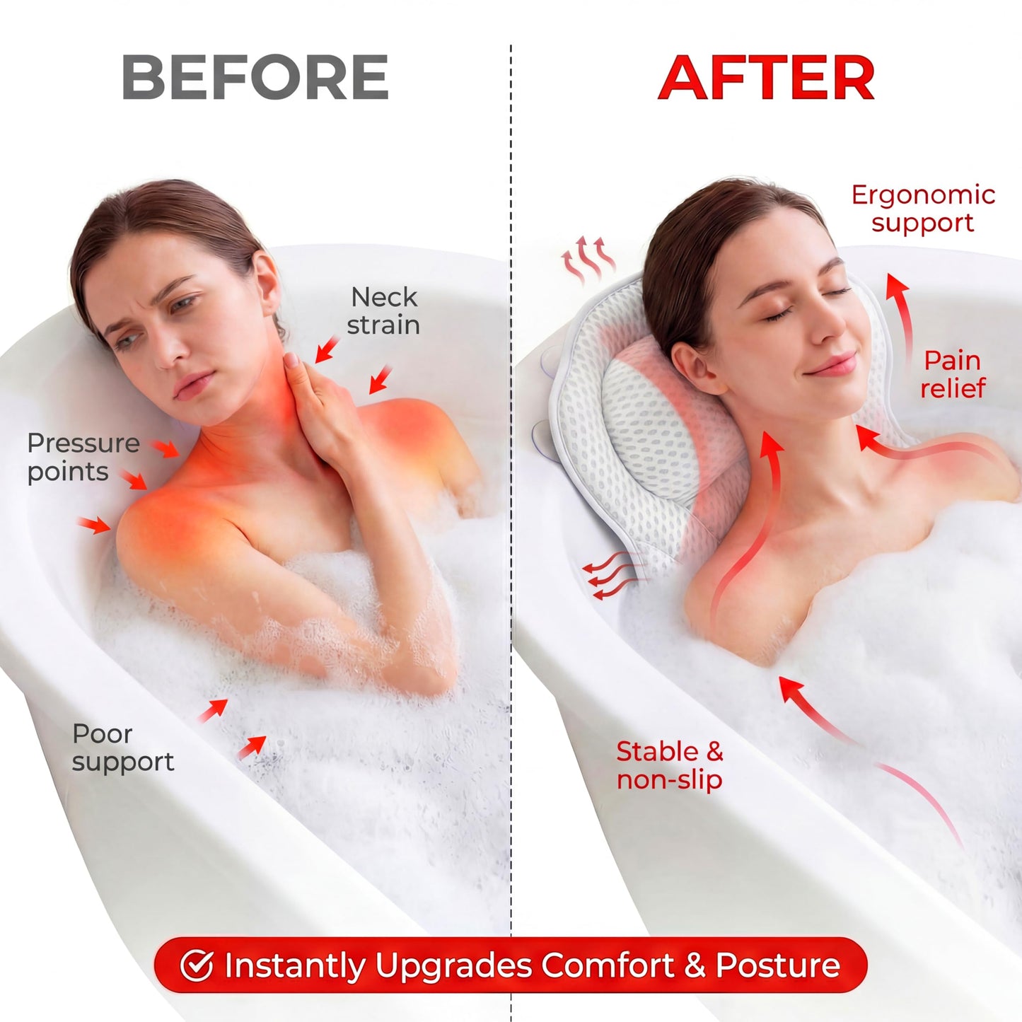 Bath Pillow LAVISMA Ergonomic Bathtub Cushion with 4D Breathable Mesh, Head, Neck, Shoulder & Back Support, 6 Strong Suction Cups