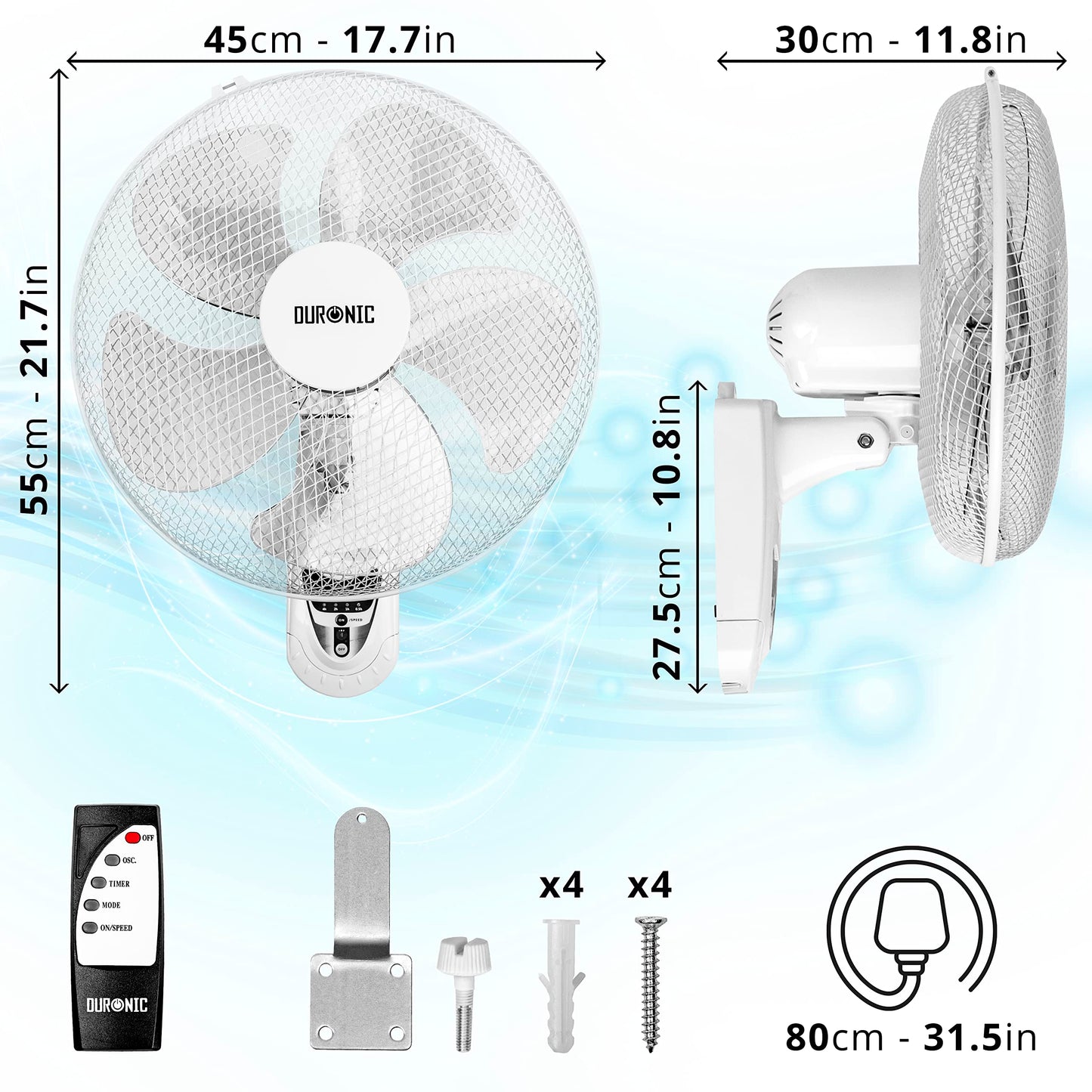 Duronic FN55 WE Wall Fan 60W 5 Blades, 40 cm Oscillating Head with Timer 3 Speeds Remote Control Powerful and Silent Motor Sliding Wall Bracket