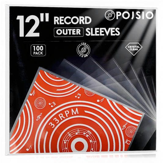 POJSIO 12 Inch Vinyl Record Sleeves Outer,100 x Record Sleeves 12 Inch | 3 Mils Thick | Crystal Clear High-Density Polypropylene Plastic Vinyl