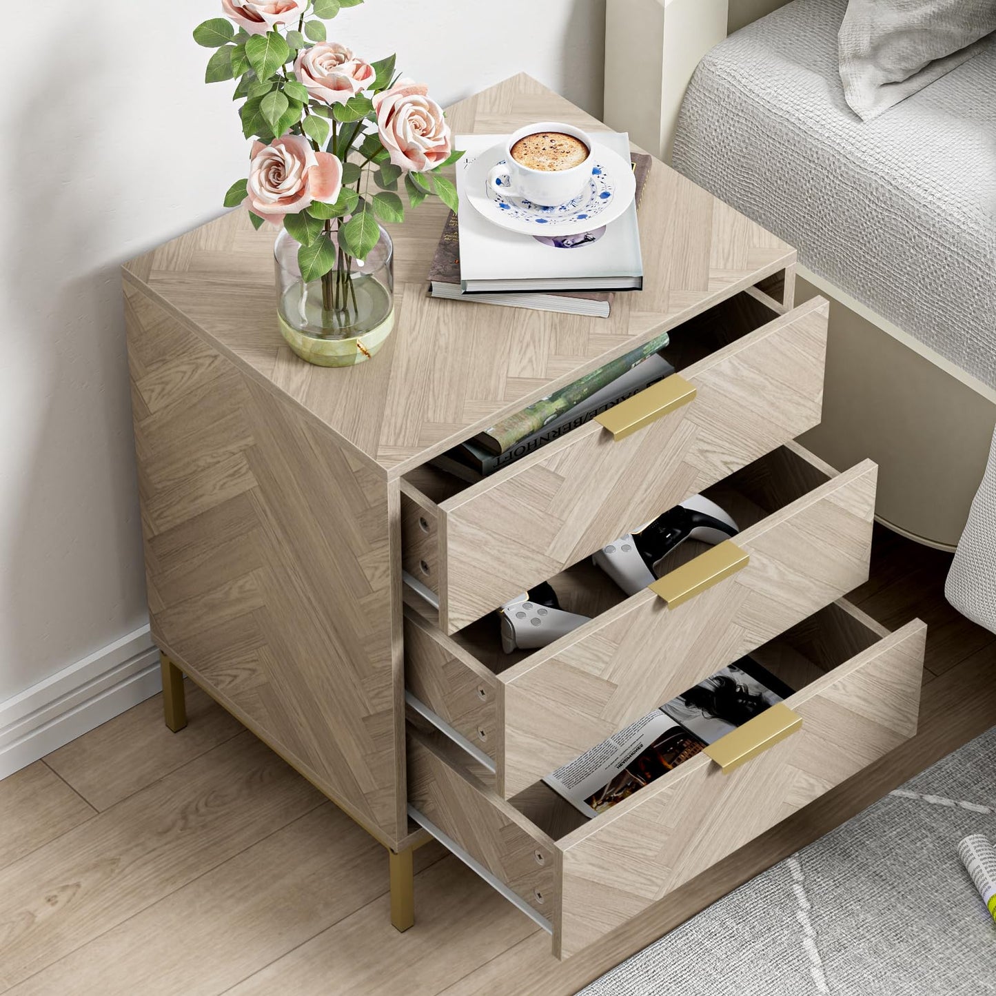 Skokliz Bedside Table with 3 Drawers, Nigntstand for Bedroom, Wood End Table for Living Room, Small spaces, oak