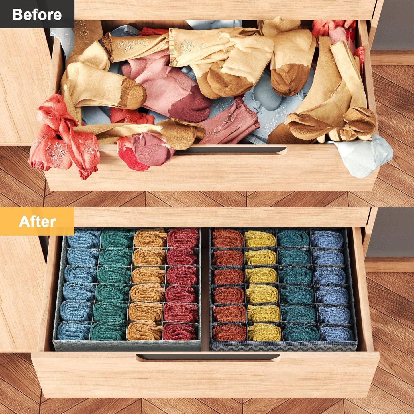 DIMJ 3 Pack Drawer Organisers 24 Cells Sock Organiser Foldable Underwear Drawer Organiser Fabric Drawer Divider Storage Boxes for Socks, Belts, Grey
