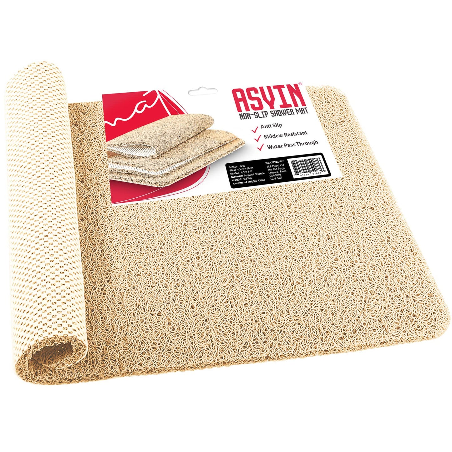 Asvin Soft Textured Beige Shower Mat Non Slip Anti Mould for Inside Shower & Bath 24x16 inch Phthalate Free Rubber Loofah Bathroom Mats for Slippery