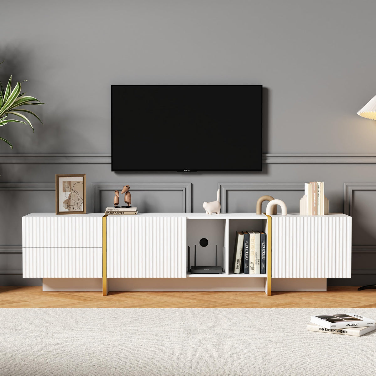 Ball & Cast TV Cabinet, High-gloss TV Unit, TV Stand Cabinet with 4 LED lighting Modes & 16 Colors, Wall Mounted/Floor Mounted, 180 * 35 * 30 cm