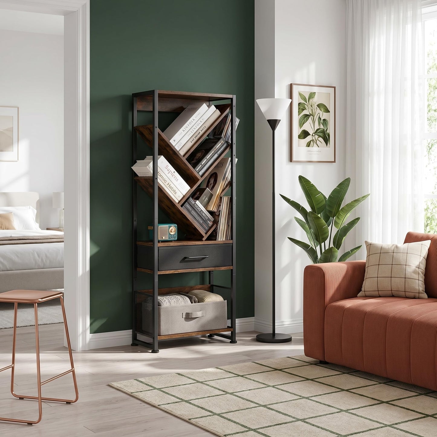 ruboka Tree Bookshelf with Side Table, Tall Bookcase with Storage Cabinet, Floor Standing Modern Narrow Bookshelves Organizer for Bedroom/Living
