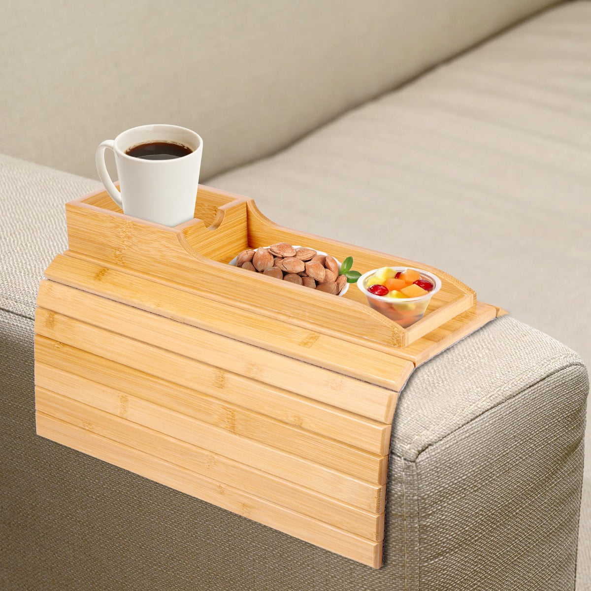 Foldable Sofa Arm Tray Table - Natural Pine Wood Side Table, Armrest Clip Tray, Waterproof Couch Organizer, Drink Snack Remote Control Holder (D)