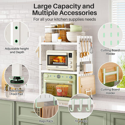 SAYZH Expandable 3 Tier White Metal Microwave Shelf, 17.4-27.4 Inch Adjustable Kitchen Counter Organizer with 10 Hooks/Cutting Board Holder/Rag Rack