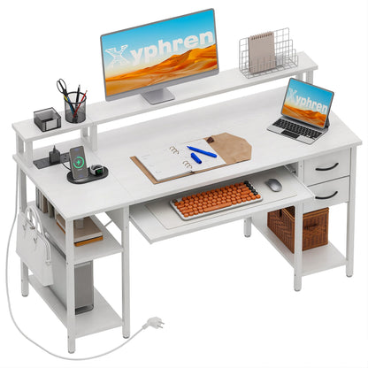 Xyphren Computer Desk with Drawers, 120x50cm Office Desk with Keyboard Tray with Power Outlet & Monitor Stand