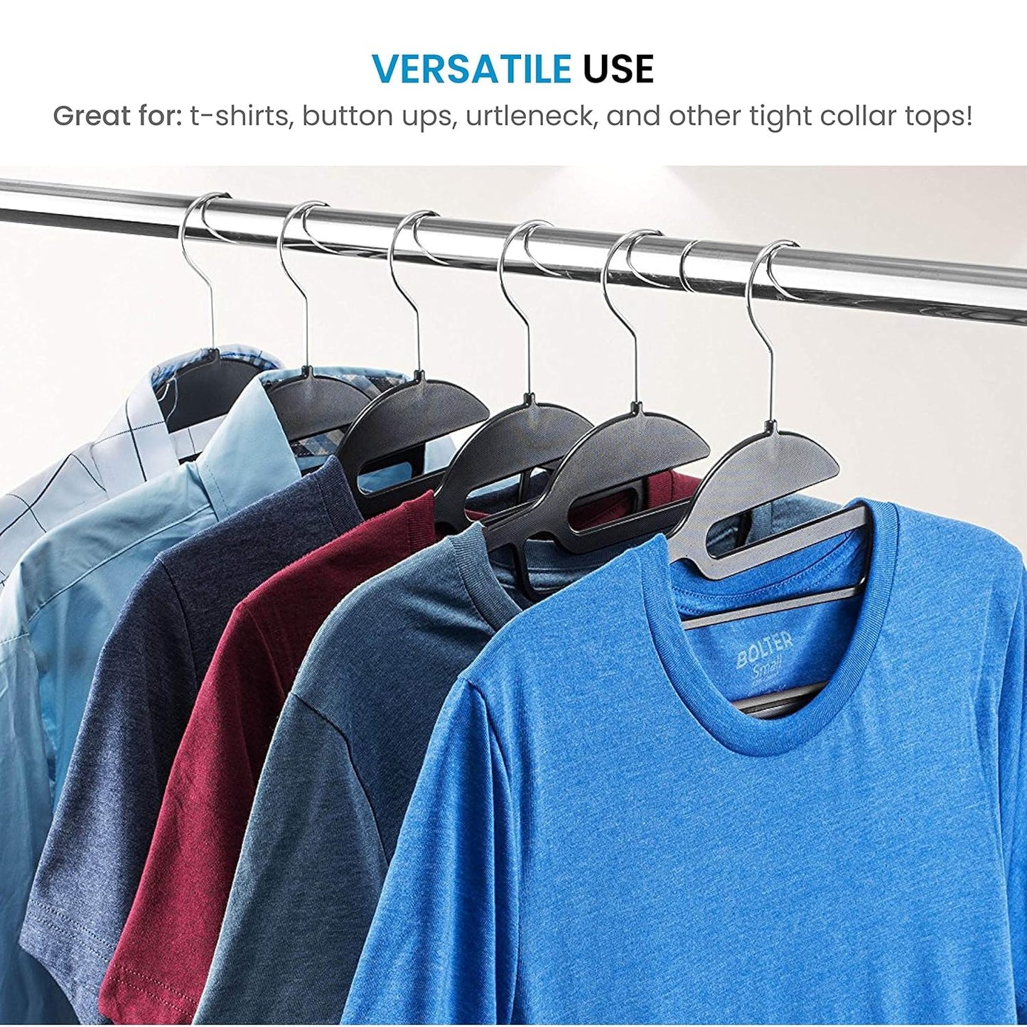 DrySmart Pack of 20 Heavy Duty Black Coat Hangers, 0.5cm Thick, S-Shaped Opening, Non-Slip Plastic Clothes Hanger Space Saving Slim Design