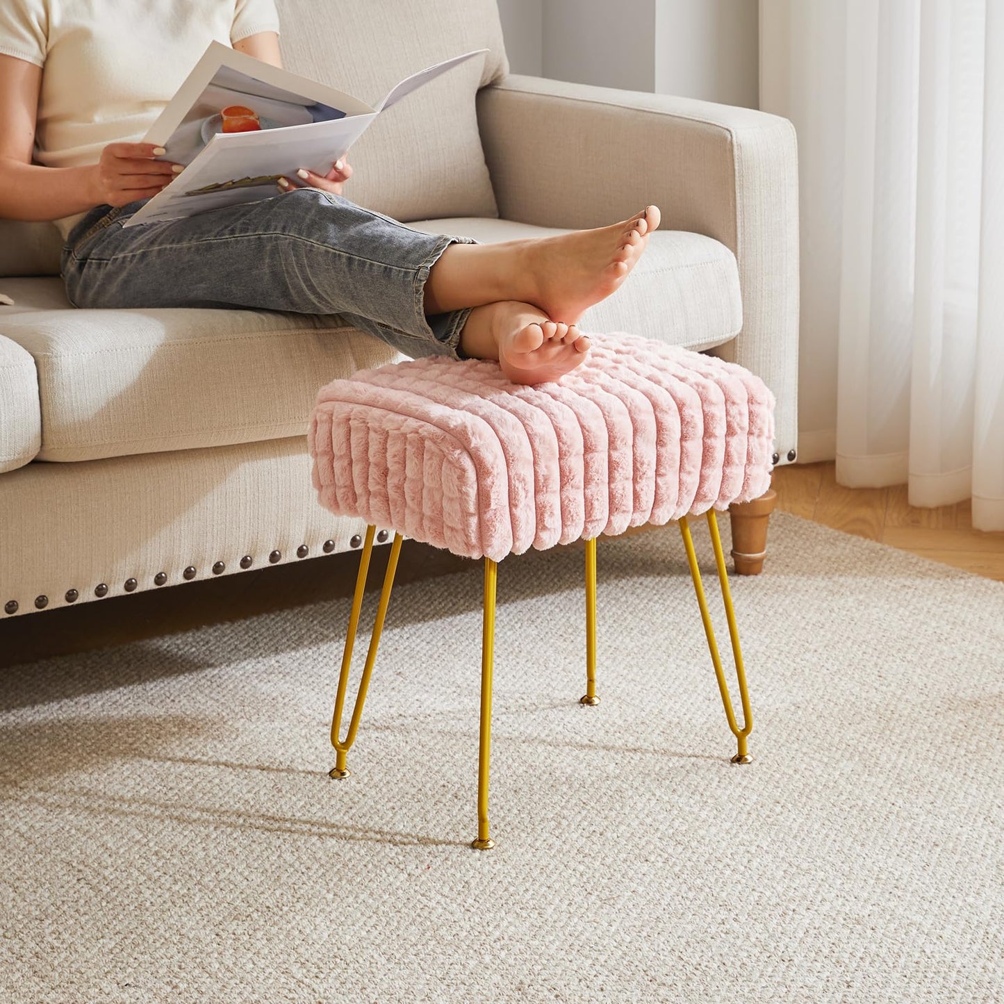 IBUYKE Makeup Vanity Chair, Rectangular Footrest Stool, Pink WBD003P