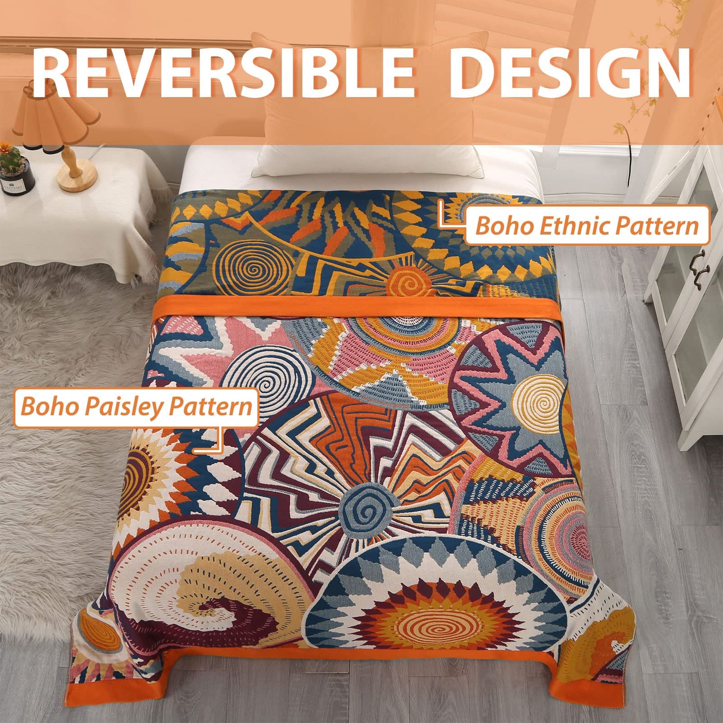 DECMAY Throws for Sofas Large, Boho Throw Blankets for 2 3 4 Seater Sofas and Double Bed Armchair Couch, Cotton Weighted Soft Furniture Throws(Ethnic