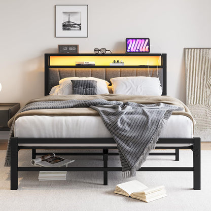 BORPHOM Double Bed Frame with Storage and LED Lights,4ft6 Metal Platform Bed Frame Double Size Bed Base with Charging Station,Mattress Base,Strong