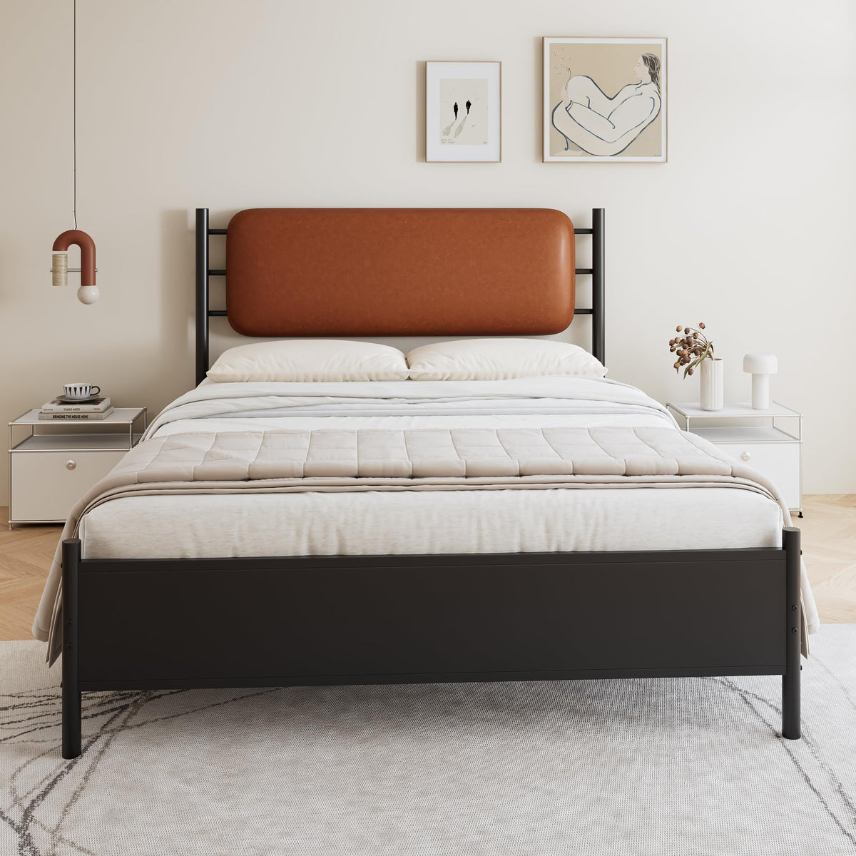 Merax 4ft6 Double Metal Bed with PU Upholstered Headboard – Wrought Iron Frame, 135x190cm, Durable & Sturdy, Comfortable Youth Bed for Teens & Adults