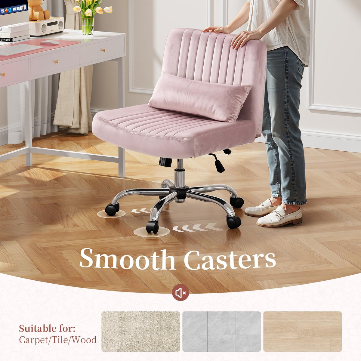 BTGGG Velvet Cross Legged Office Chair with Wheels, Criss Cross Chair with Wide Seat, Desk Chair for Bedroom