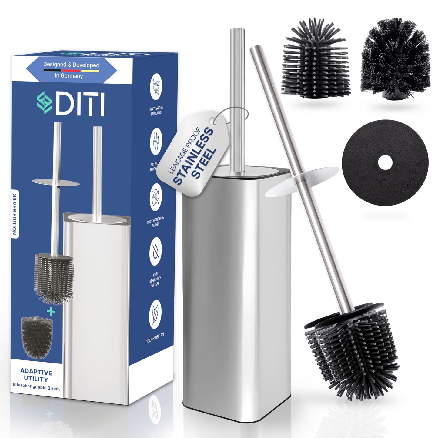 DITI Toilet Brush Silicone Silver Matt - Brushed Stainless Steel Toilet Brush Rustproof - Square Toilet Brush with Holder, Splash Guard Including