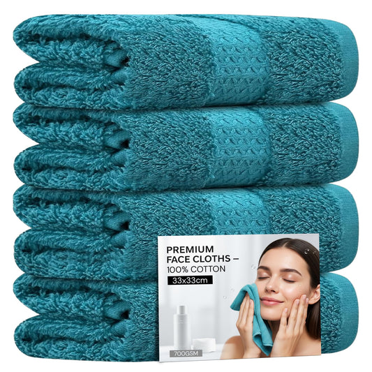 Towelogy? 4 Pack Face Cloths ? 100% Combed Cotton Flannels 33x33cm ? Soft Facial Towels for Cleansing, Makeup Removal & Skincare (4, Turquoise)