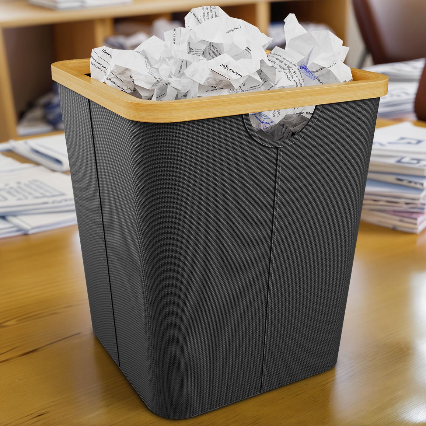 Vireon Waste Paper Bin with Bamboo Frame 30L Waste Basket with Oxford Fabric - Desk Bins for Office & Home Accessories (Black, Square, 30, Litres)