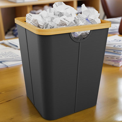 Vireon Waste Paper Bin with Bamboo Frame 30L Waste Basket with Oxford Fabric - Desk Bins for Office & Home Accessories (Black, Square, 30, Litres)