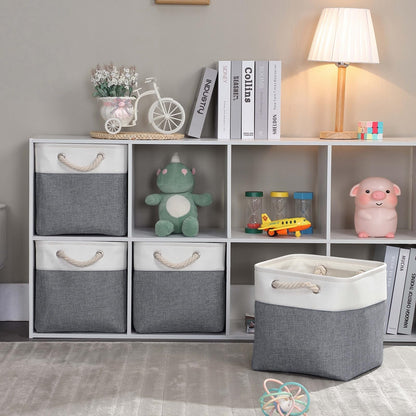Mangata Canvas Storage Boxes, 28x28x28cm Fabric Storage Baskets for Shelves Organizing Clothes Nursery Home (Cold Grey&White, Set of 3)