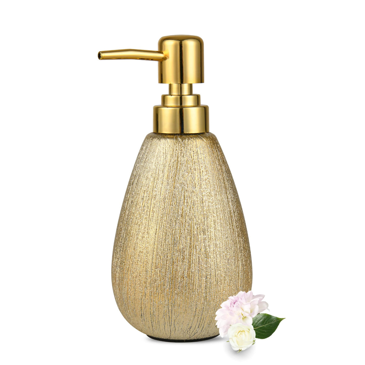 Brushed Gold Ceramic Soap Dispenser, 11 Oz Refillable Hand Soap and Sanitizer Pump, 3D Textured Design for Kitchen or Bathroom Décor, Brushed Gold