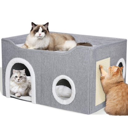GDGZT Cat Bed for Indoor Cats, Foldable Cat House with Cube Cat Beds- Large Soft Cat Cave Bed with Cat Scratching Board, Covered Cat Hideaway for Cat