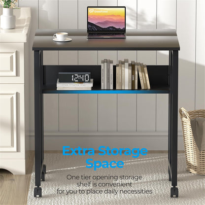 GreenForest Small Folding Desk with Storage Shelf,63 cm Computer Rolling Desk on Wheels Easy Assembly,Foldable desk for Small Space,Black