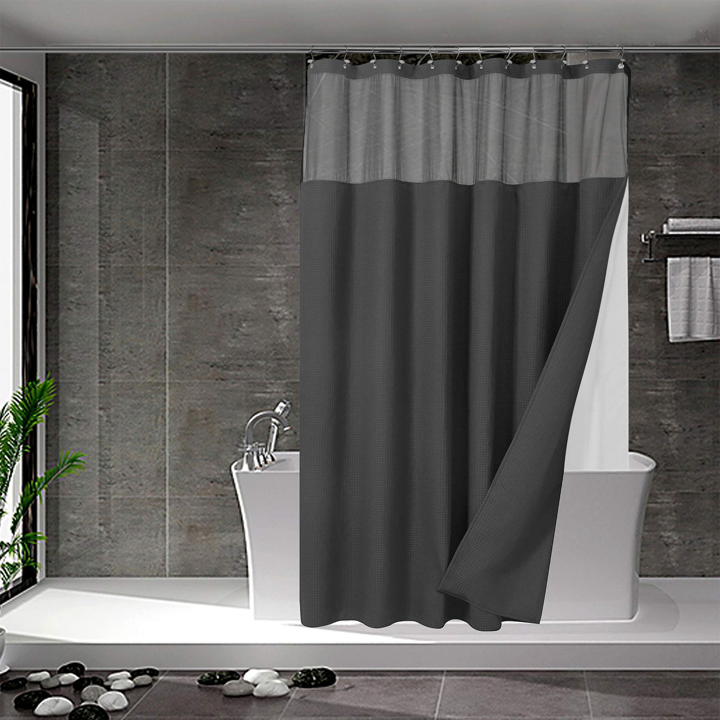 N&Y HOME Extra Long Waffle Weave Shower Curtain with Snap-in Fabric Liner & 12 Hooks Set - 71" x 84", Hotel Style & Mesh Top Window, Machine Washable