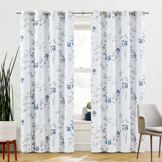 Beauoop Blue Grey Floral Blackout Curtains for Living Room Bedroom 90 Inch Drop Leaf Print Eyelet Curtain Botanical Thermal Insulated Noise Reducing