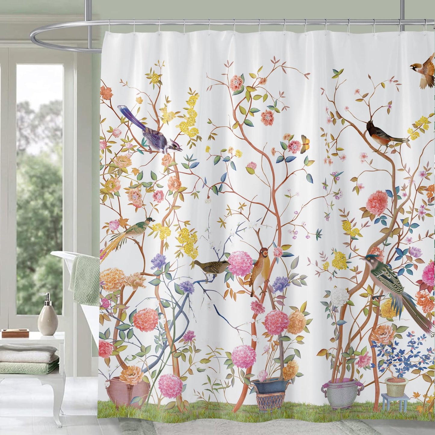 Shower Curtain White Mould Proof Resistant Waterproof Bird Floral Bathroom Curtains with 12 hooks Quick-Drying Weighted 180x180cm (71x71Inch)