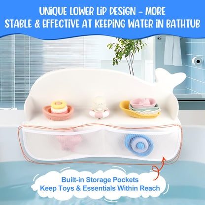 MCGMITT 2 Pack Whale Bathtub Splash Guard, Silicone Bath Splash Guards with 130 Strong Suction Cups, Bath Toy Storage Organizer with Mesh Pockets