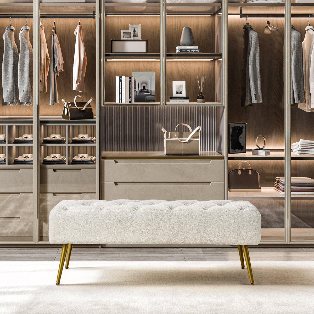 Yaheetech Modern Boucle Ottoman Footstool Bench with Gold Metal Legs, Ivory