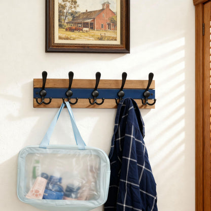 SKOLOO Rustic Wall Mounted Coat Rack - 16-7/8" Long Coat Hooks for Wall with 5 Triple Hooks for Hanging Coats, Hats or Tools